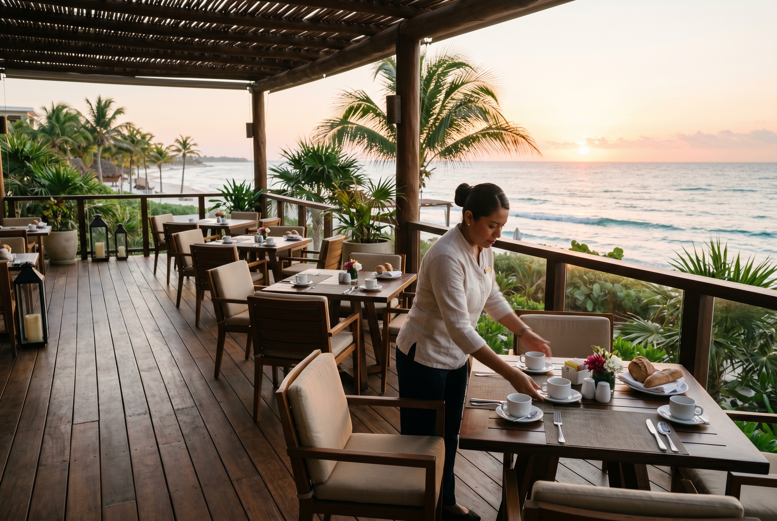 Oceanfront breakfast terrace in Costa Mujeres at dawn with staff setting coffee