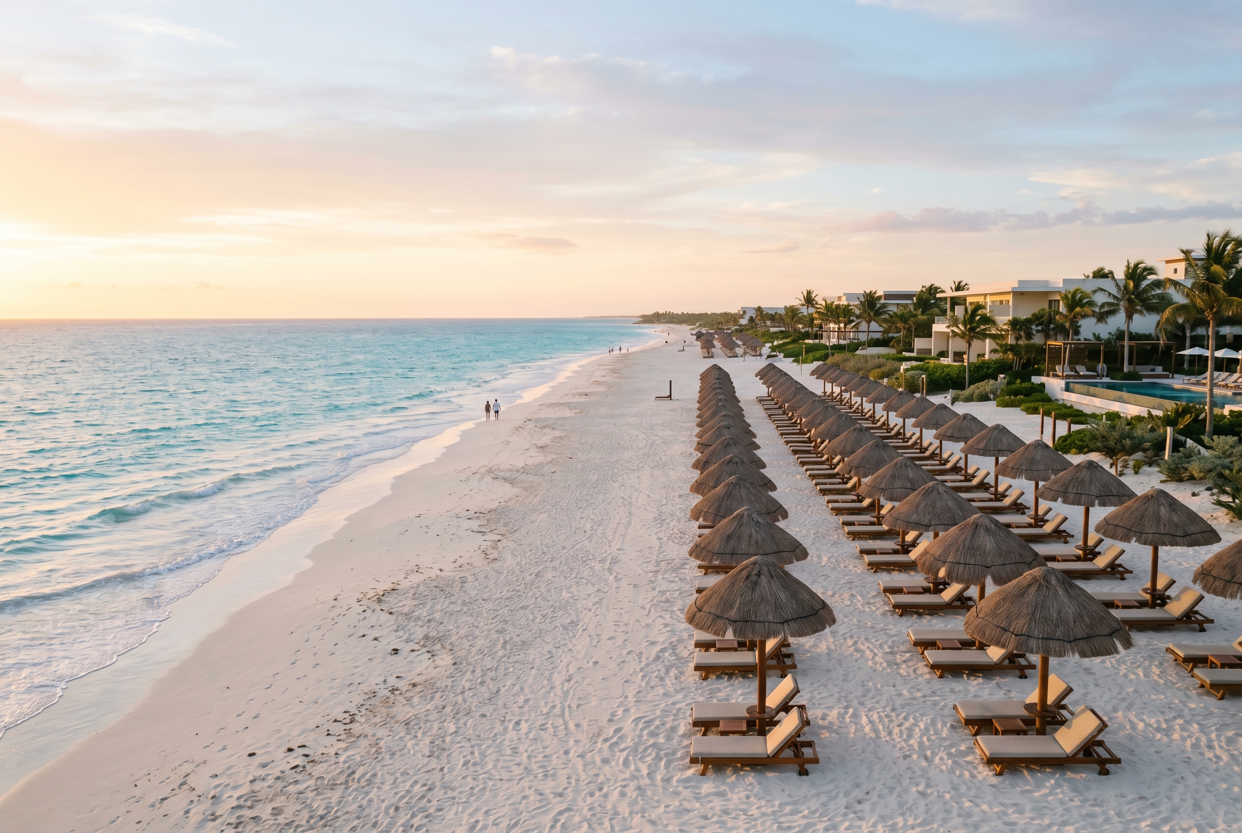 Almost-empty Costa Mujeres beach at sunrise with lined loungers and umbrellas