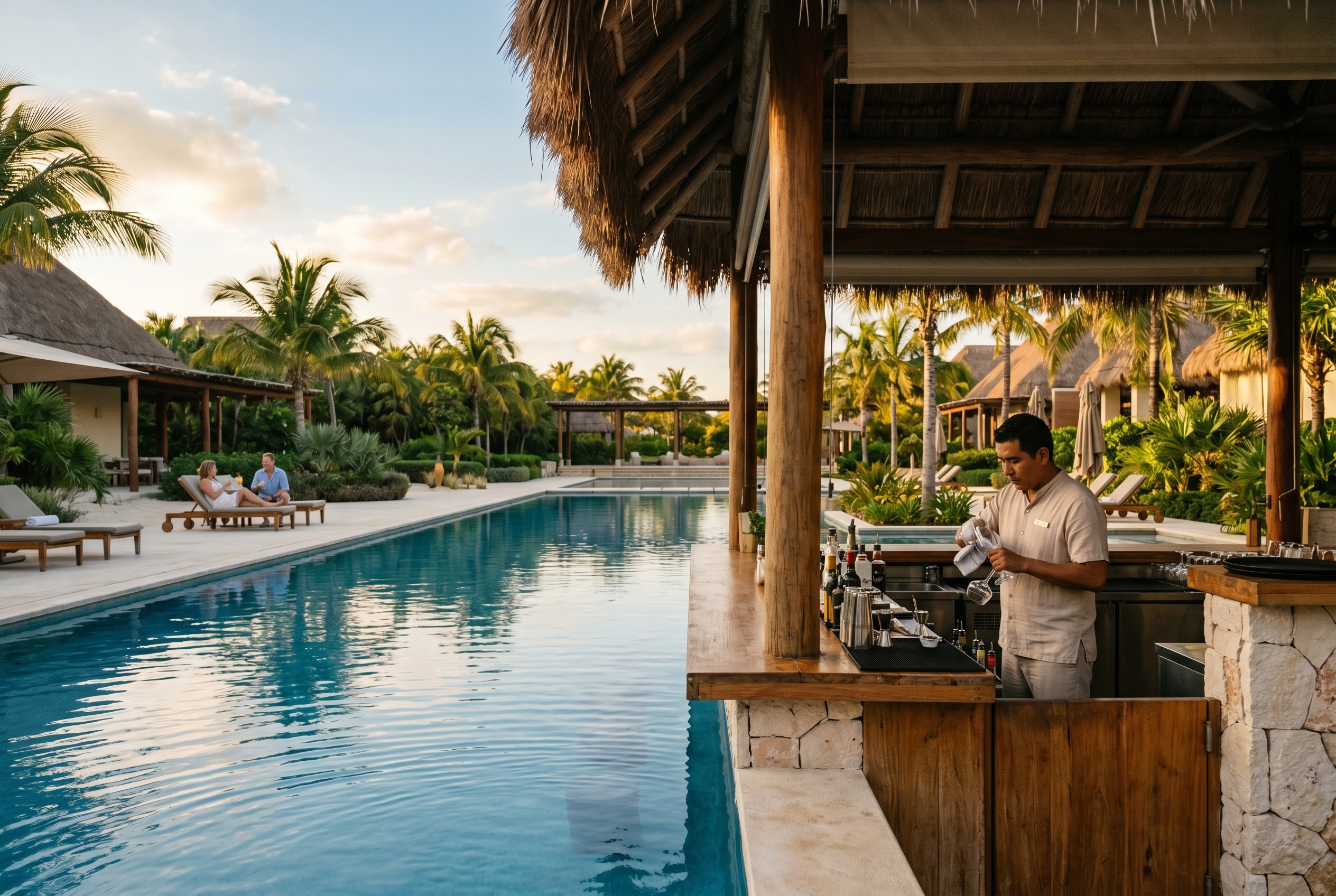 Quiet upscale pool bar in Costa Mujeres near golden hour with bartender polishing a glass