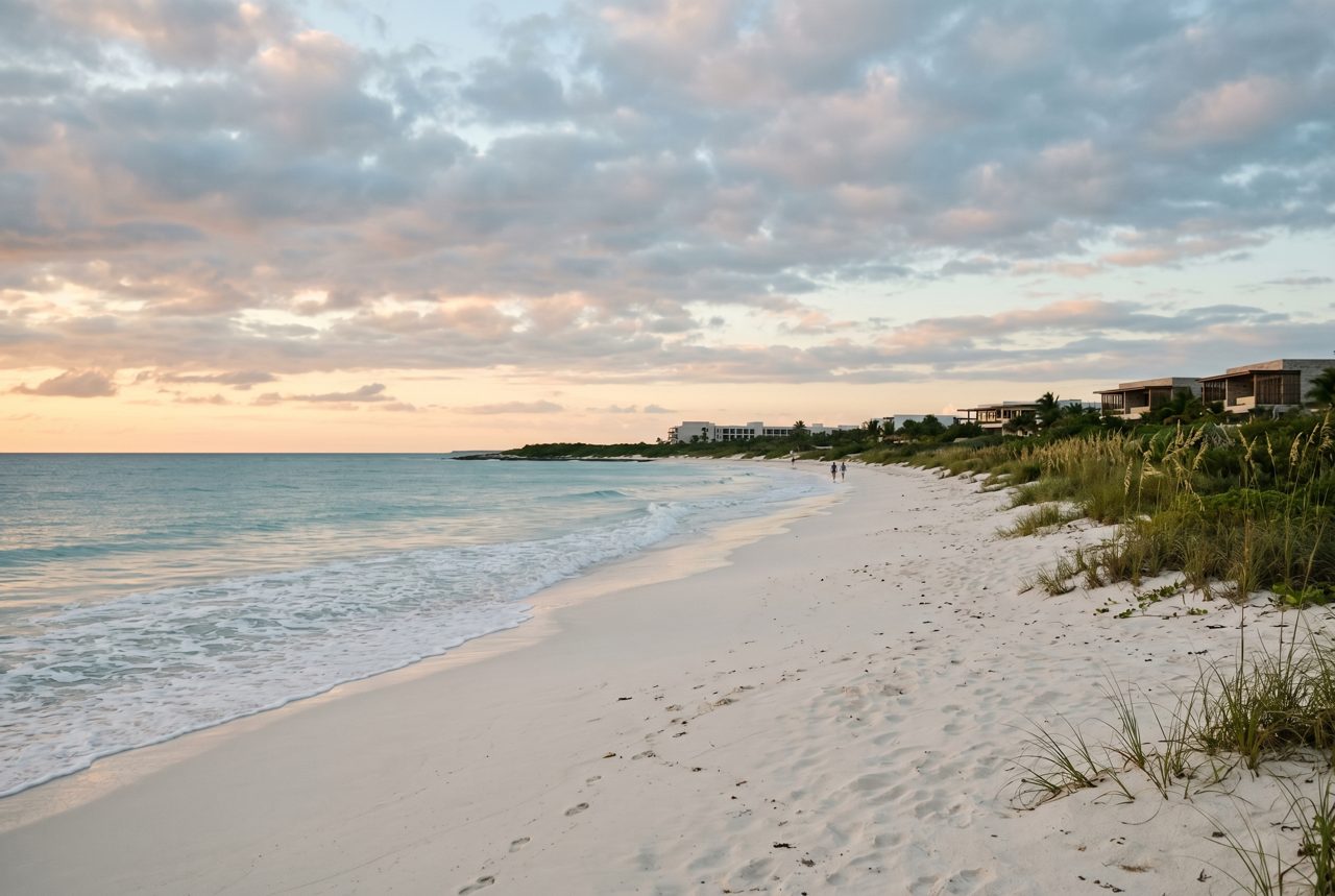 Quiet dawn beach in Costa Mujeres with pale turquoise water and distant resort silhouettes