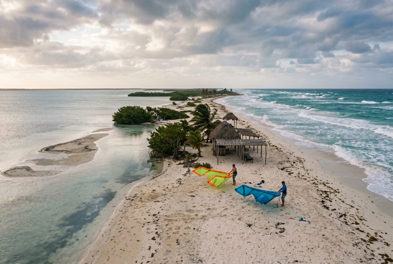 Isla Blanca lagoon and beach scene with kitesurfers rigging sails near mangroves
