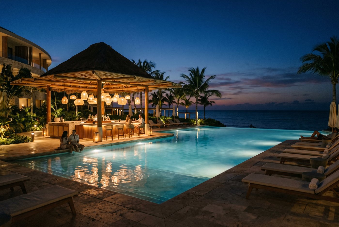Quiet resort pool and bar in Costa Mujeres at blue hour
