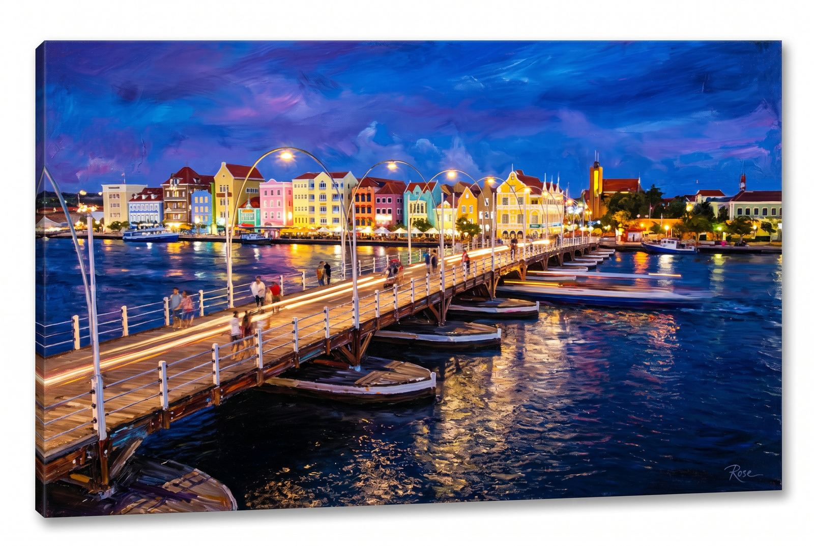 Oil painting of Willemstad's pontoon bridge at blue hour with harbor reflections