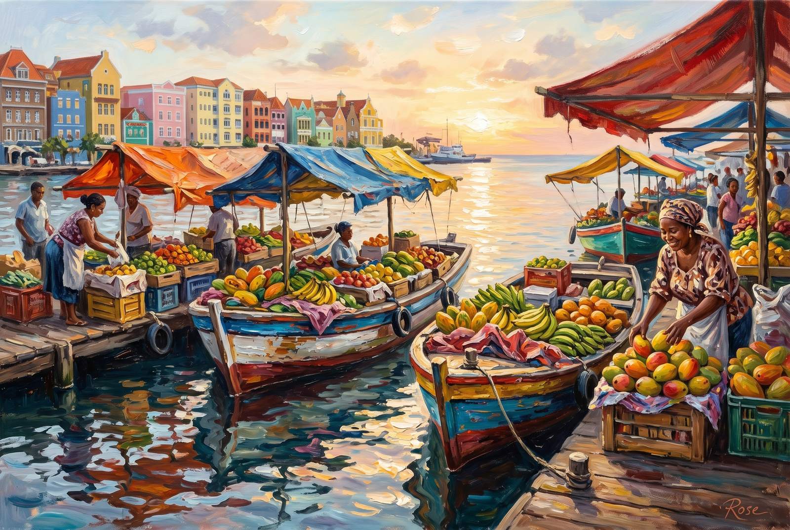 Oil painting of Curaçao's floating market at sunrise with produce boats and vendors