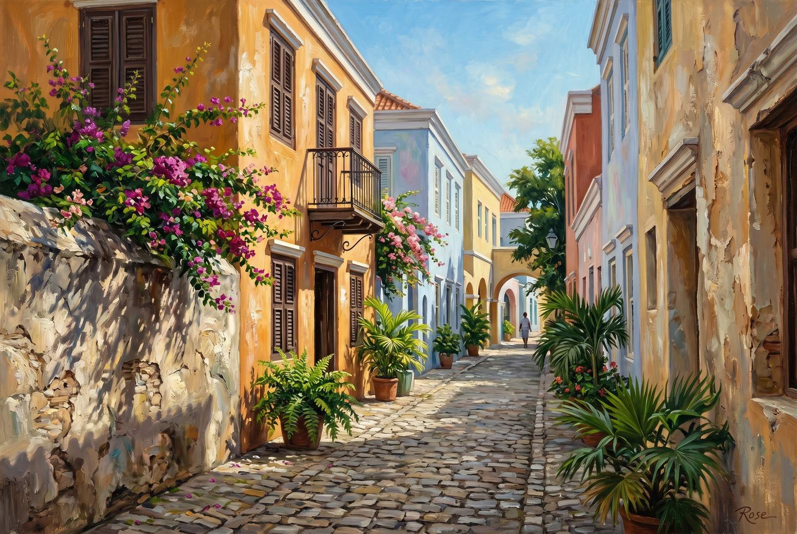 Oil painting of Kura Hulanda lanes with pastel walls and colonial shadows in Curaçao