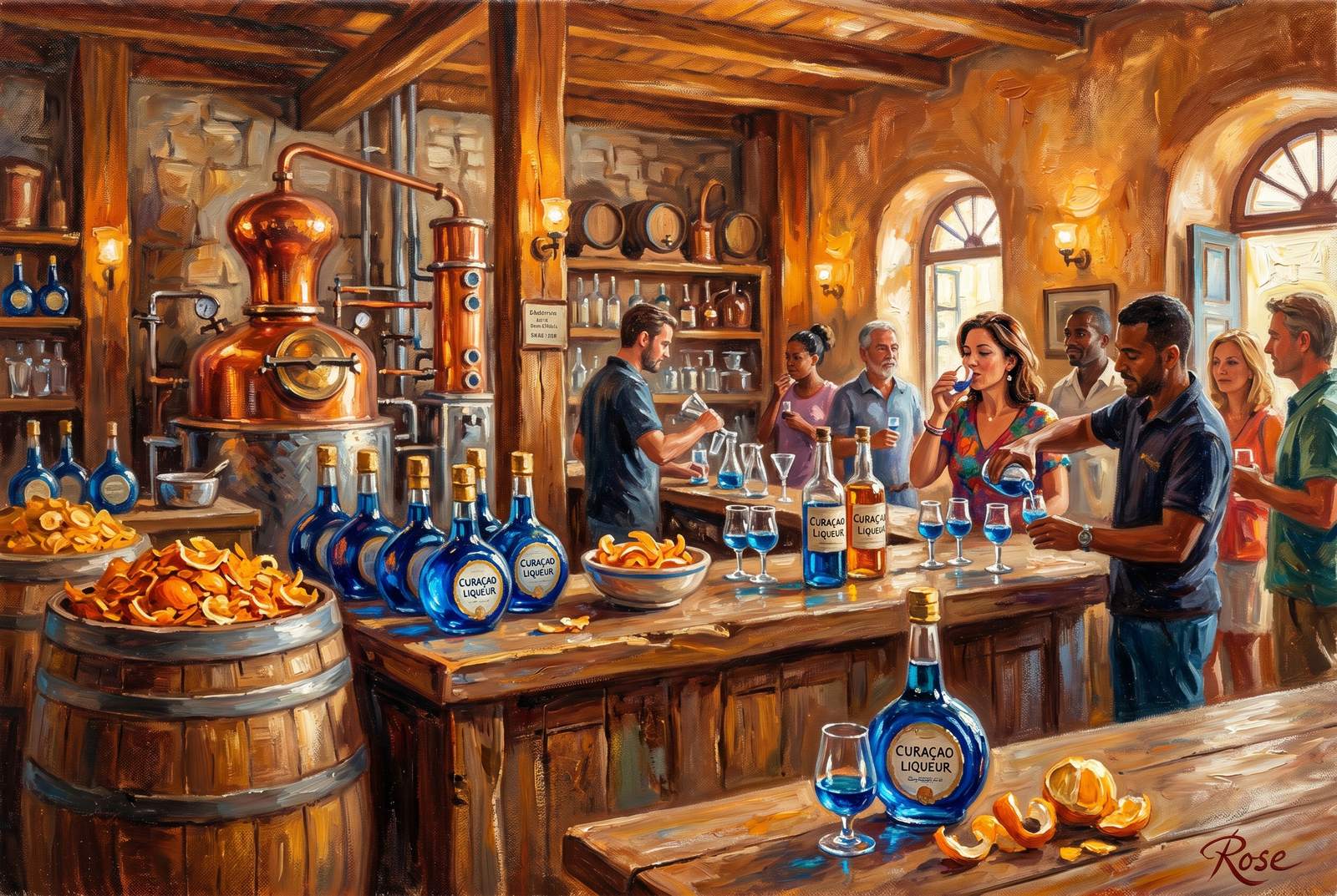 Oil painting of the Curaçao distillery tasting room with bottles and citrus peels