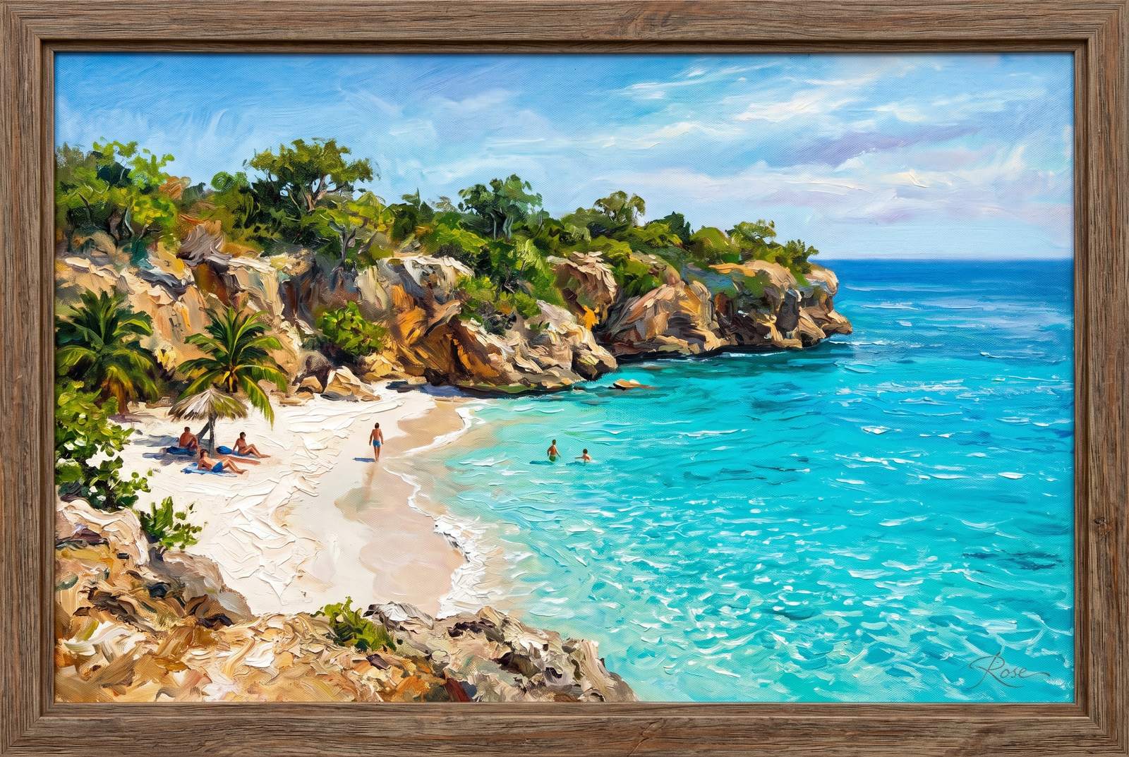 Oil painting of Playa Kenepa's turquoise cove and white sand in Curaçao