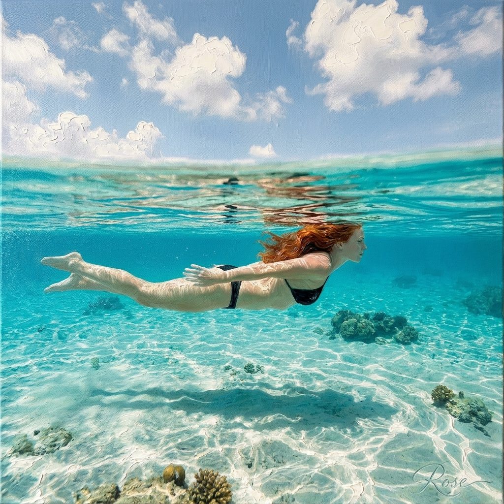Oil painting of Rose diving underwater in Curaçao