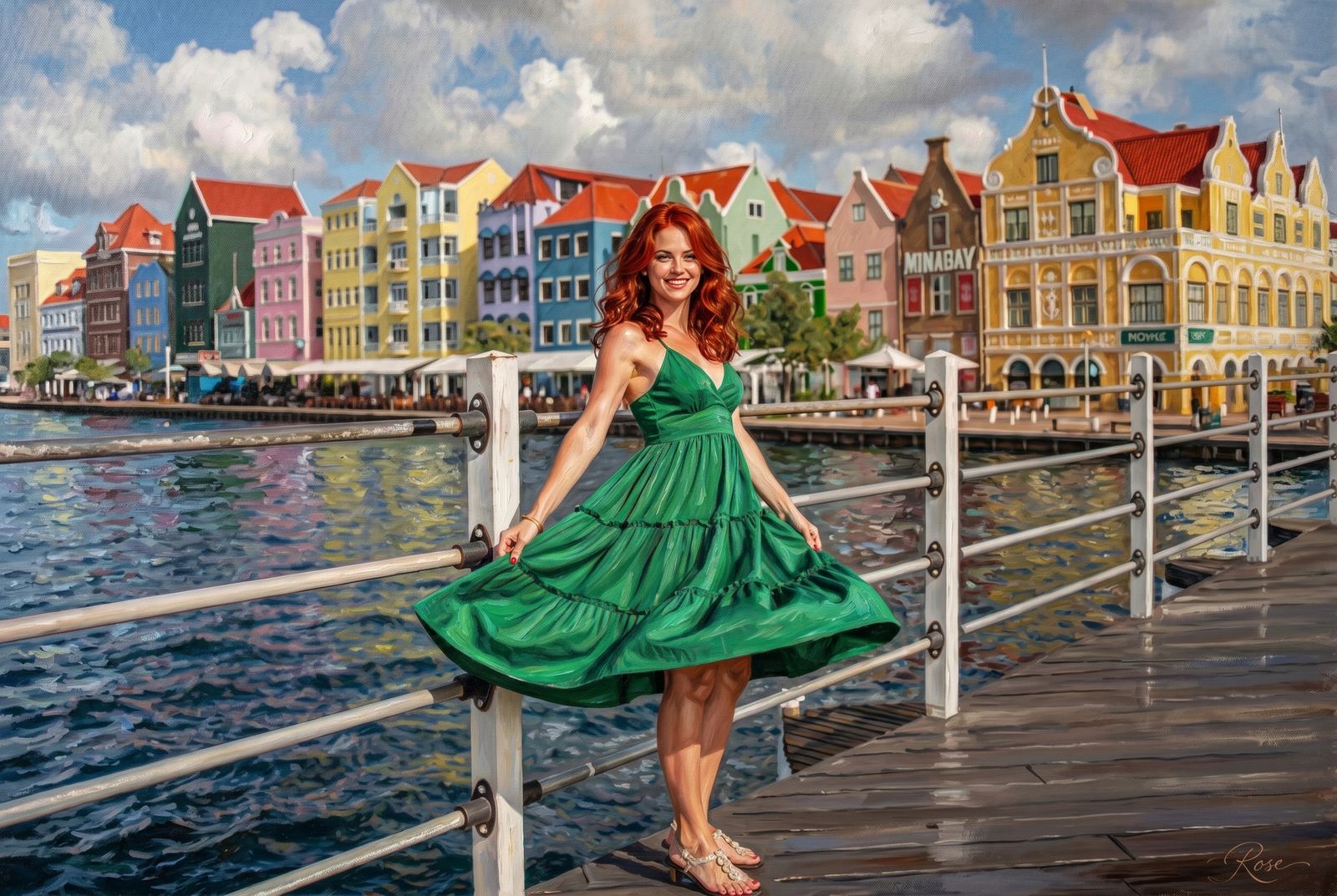 Oil painting of Rose on the pontoon bridge in Willemstad