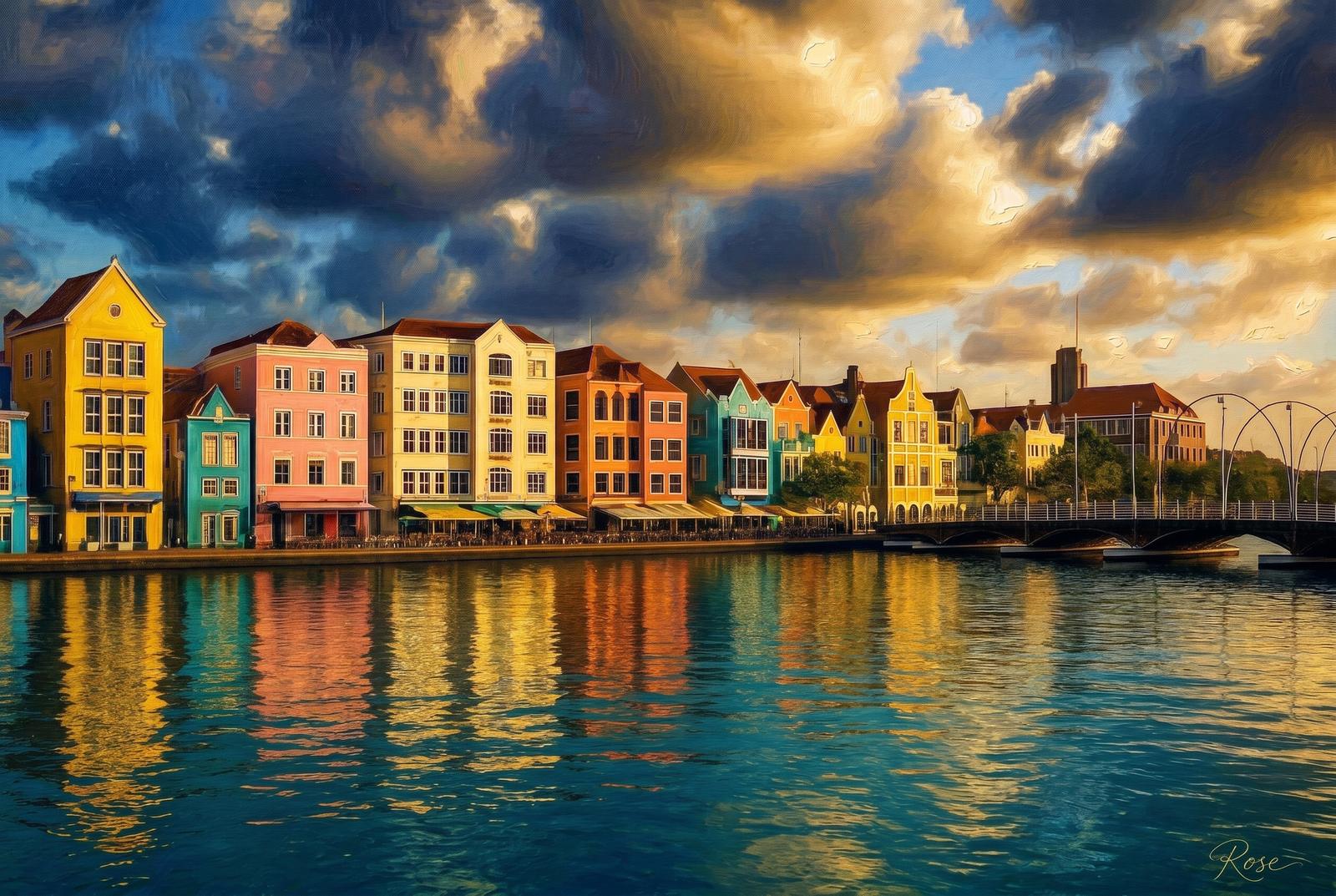 Oil painting of Willemstad's colorful waterfront in Curaçao