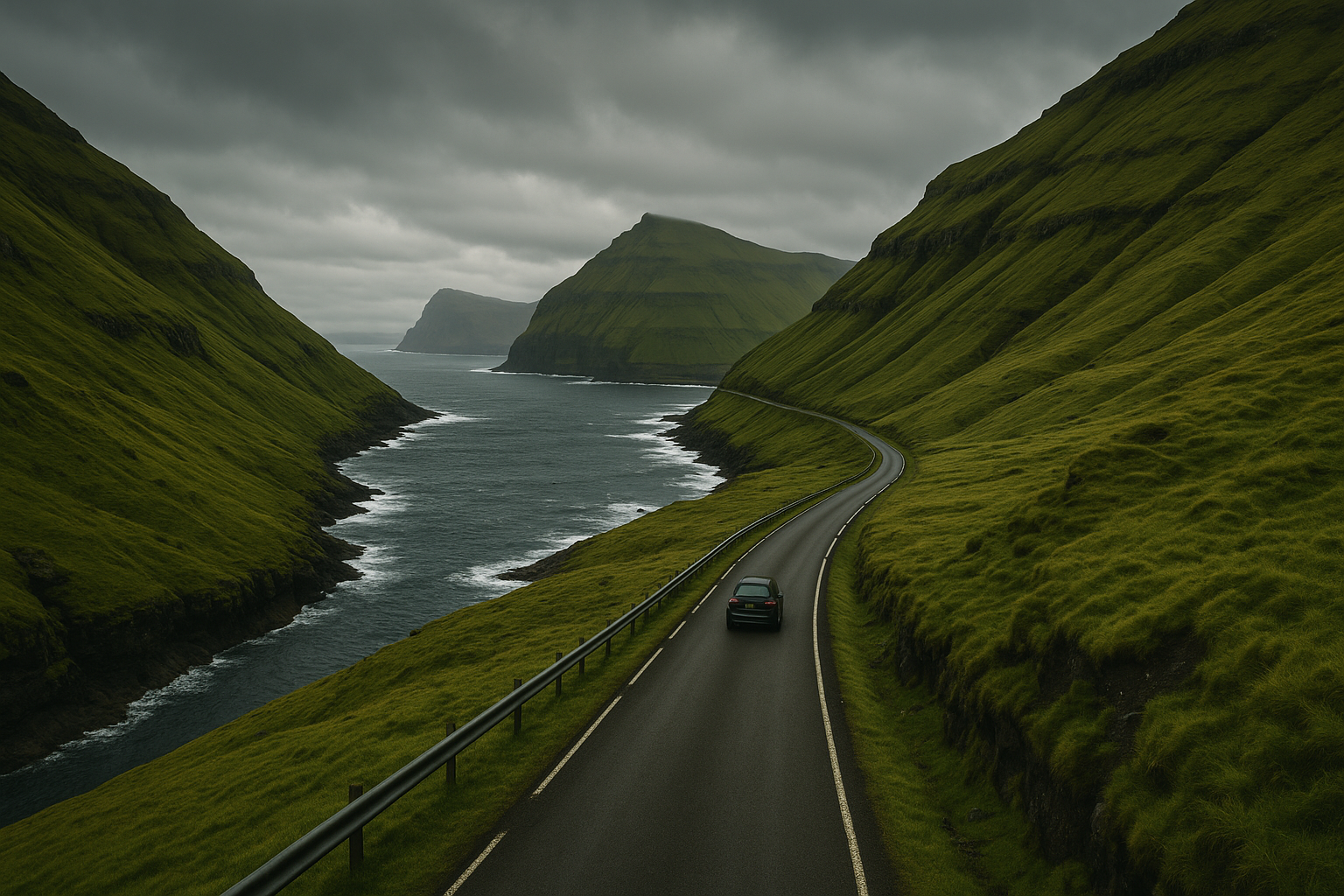 Faroe Islands road winding along green cliffs
