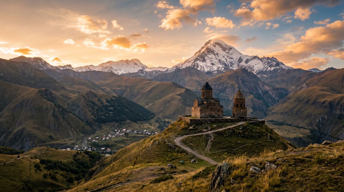 Gergeti Trinity Church on hilltop with Mount Kazbek behind
