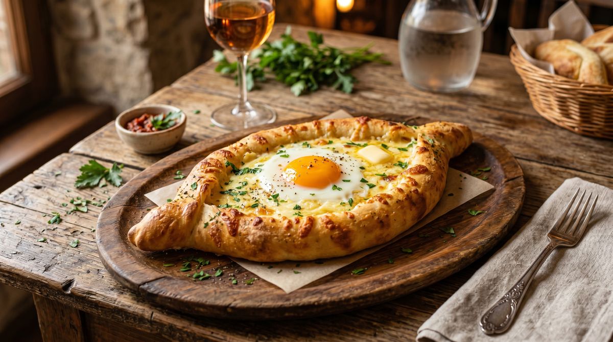 Boat-shaped Adjarian khachapuri with raw egg in the center