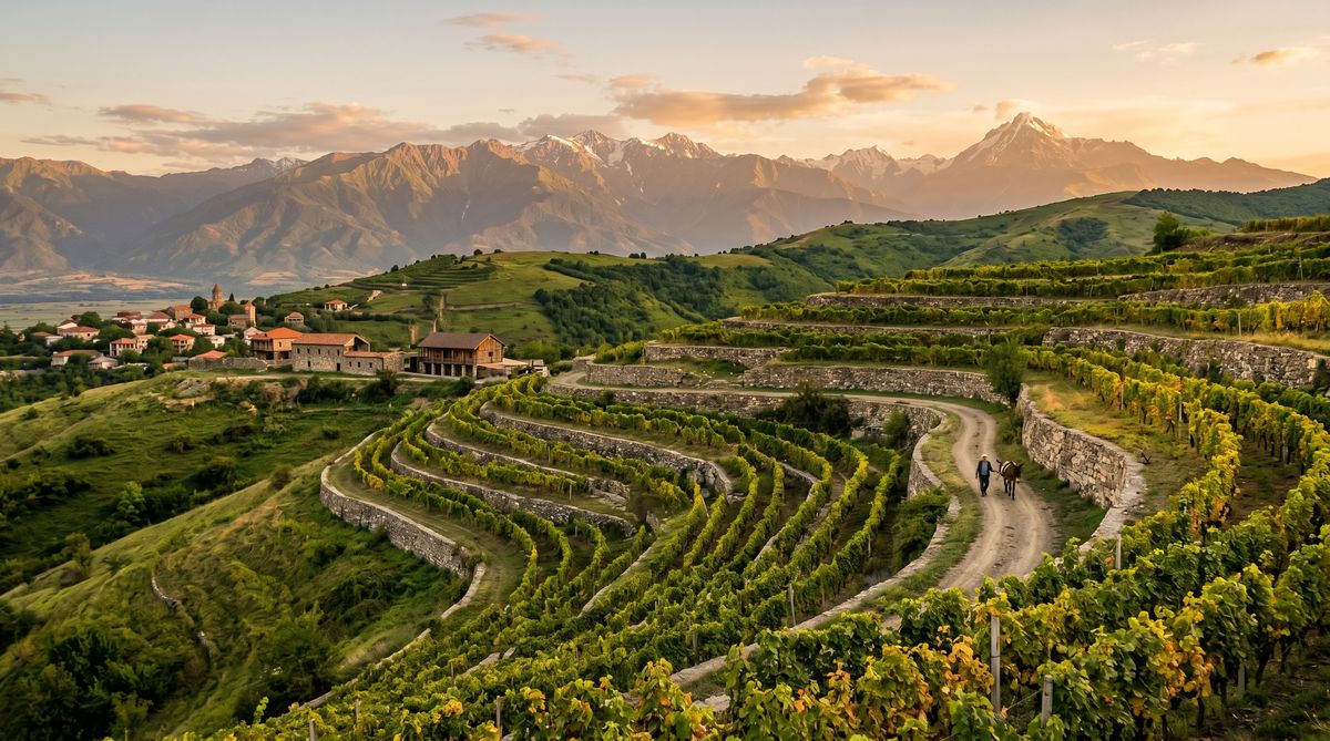 Kakheti vineyard with Caucasus mountains at golden hour