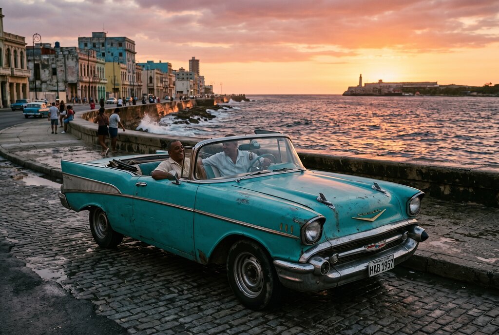 Classic car on the Malecón at sunset, Havana