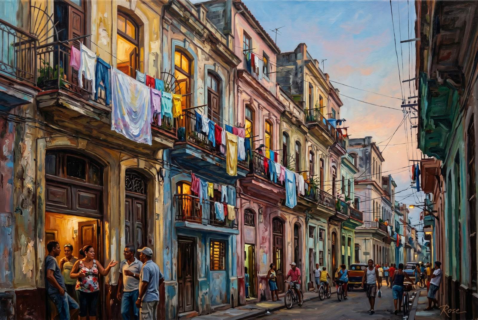 Oil painting of Centro Habana balconies and laundry at dusk