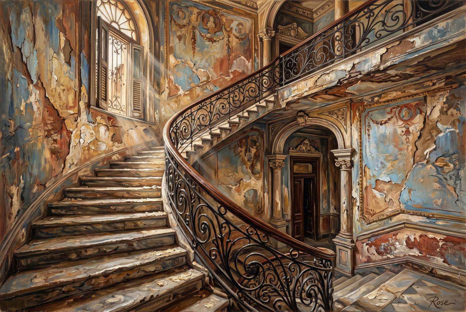 Oil painting of La Guarida staircase in Havana with peeling walls and warm light