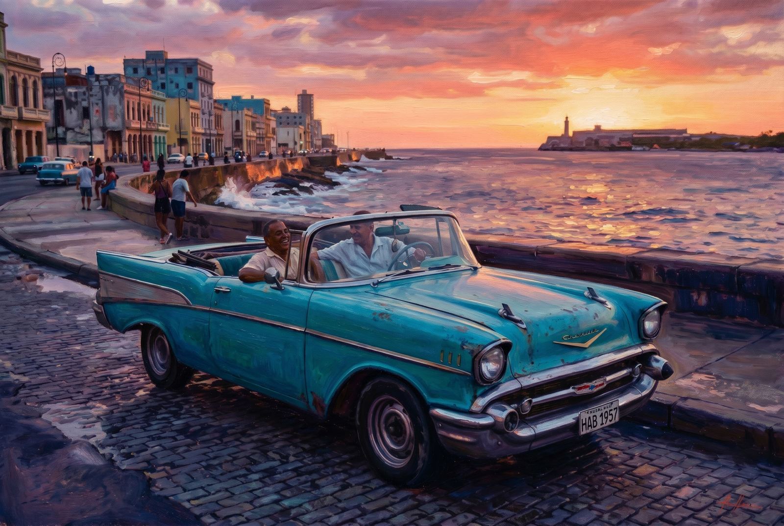 Oil painting of a turquoise classic car on the Havana Malecon at sunset