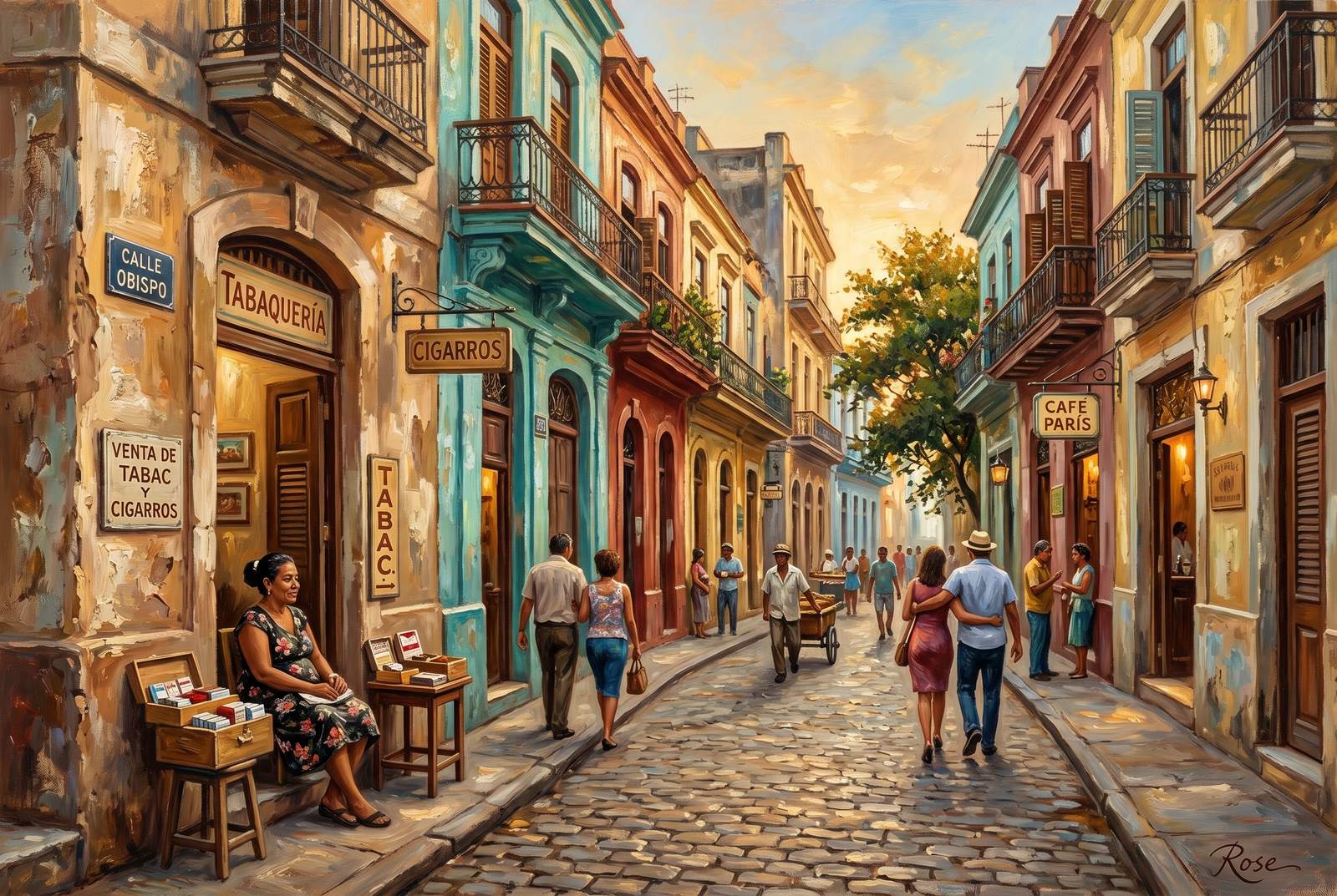Oil painting of Calle Obispo in Old Havana at golden hour