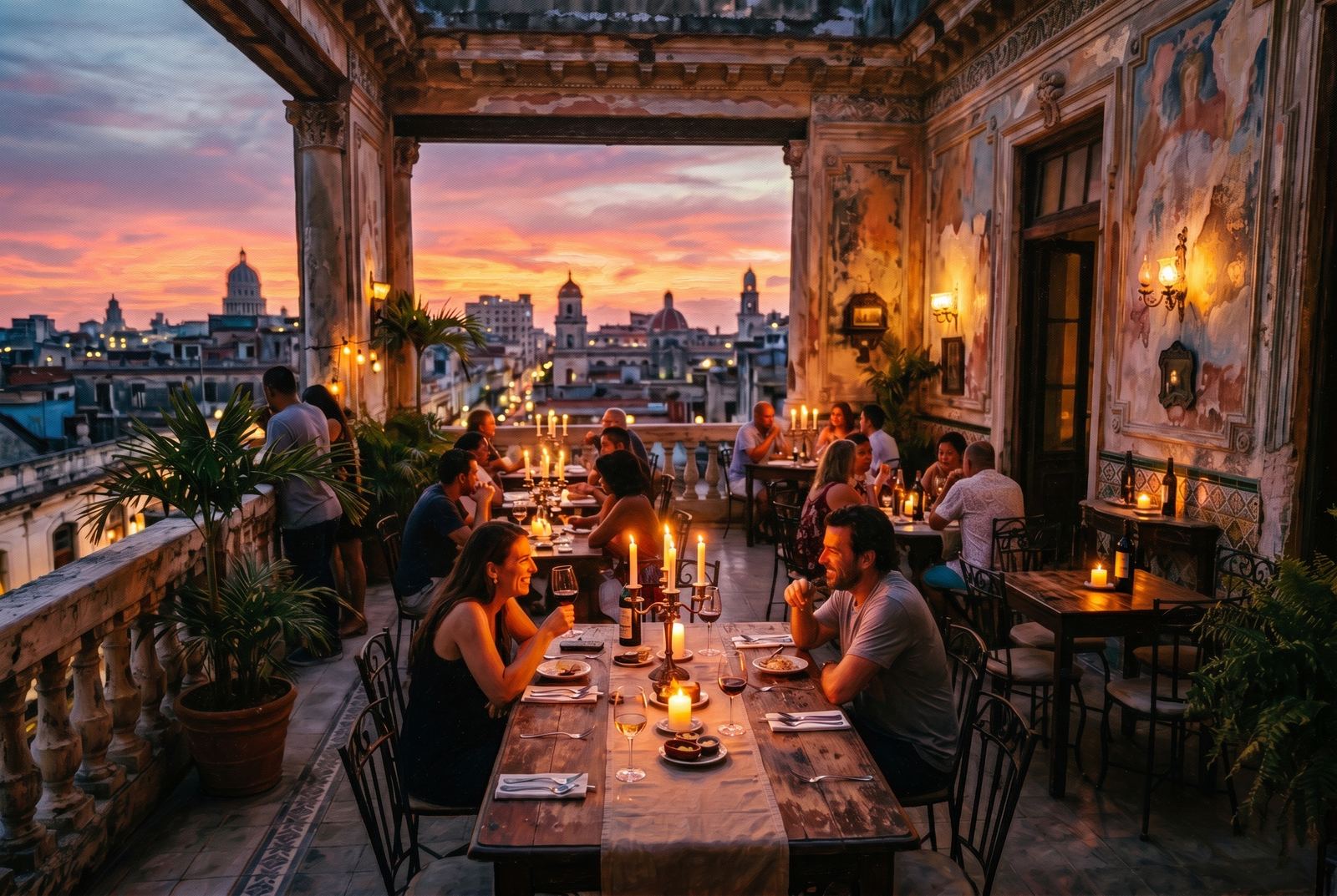 Oil painting of a Havana rooftop dinner at sunset