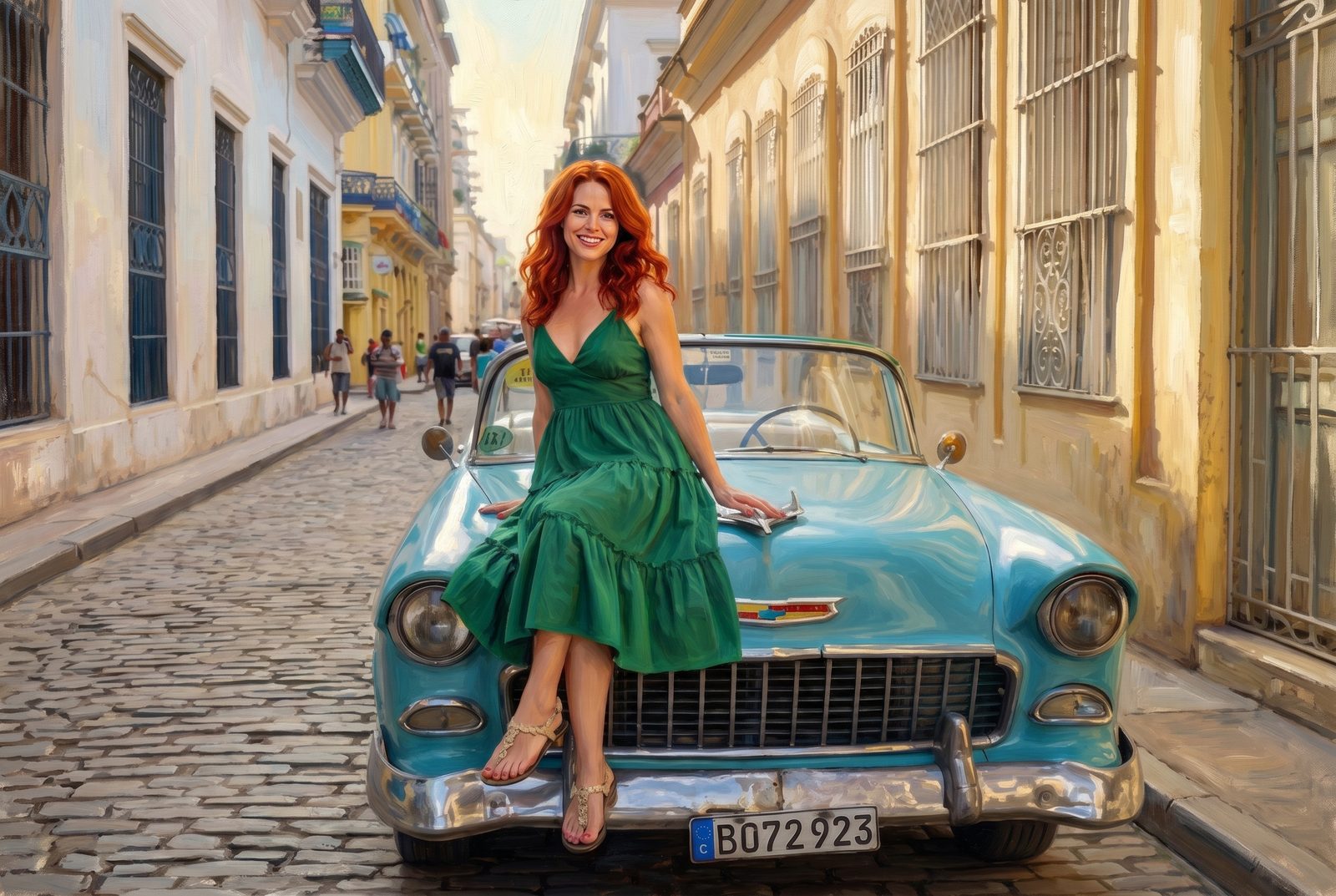 Oil painting of Rose seated on a turquoise classic car in Old Havana