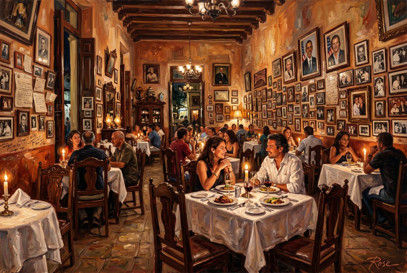 Oil painting of San Cristobal dining room in Havana with candlelight and vintage decor