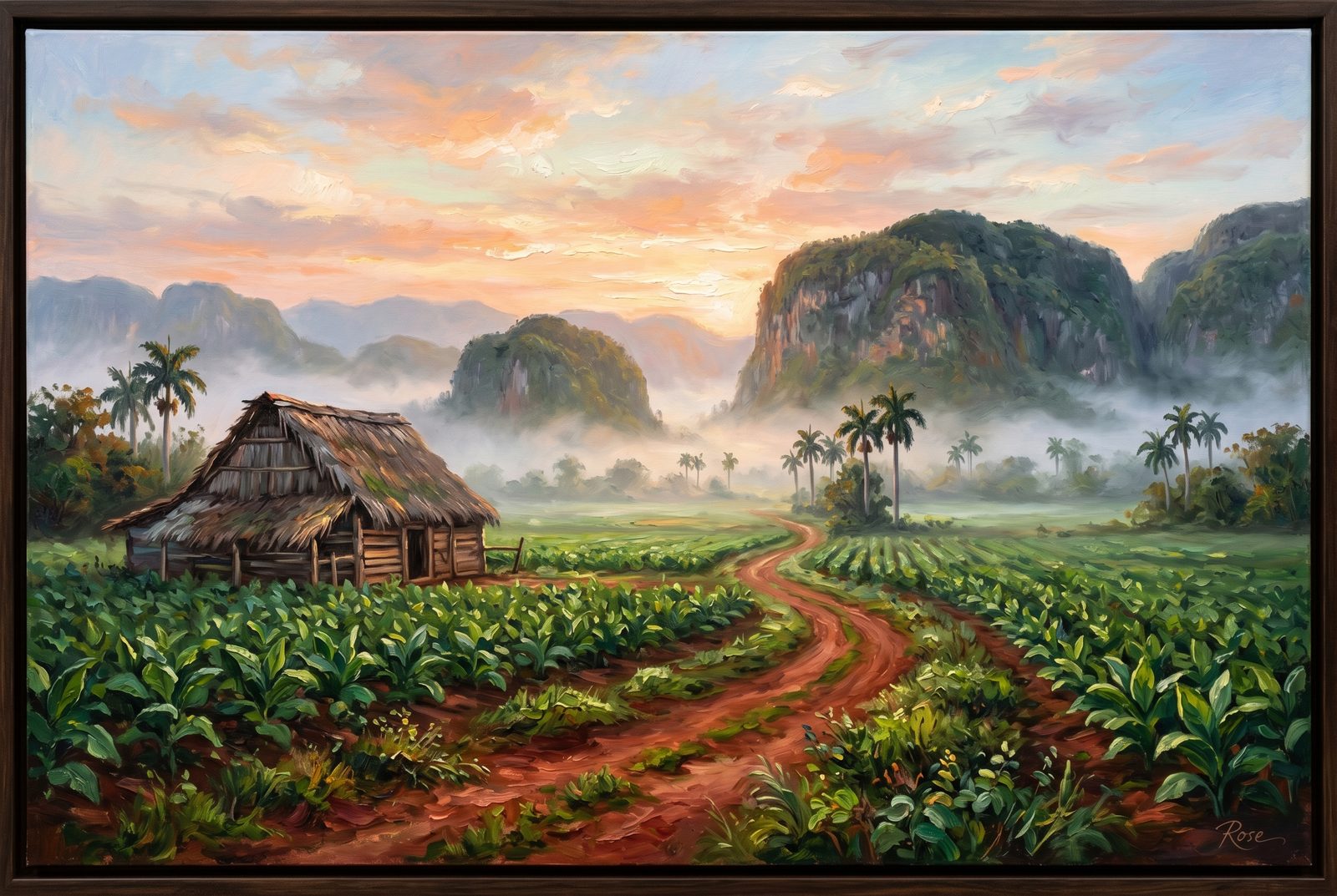 Oil painting of a Viñales tobacco barn with palms and mogotes at dawn