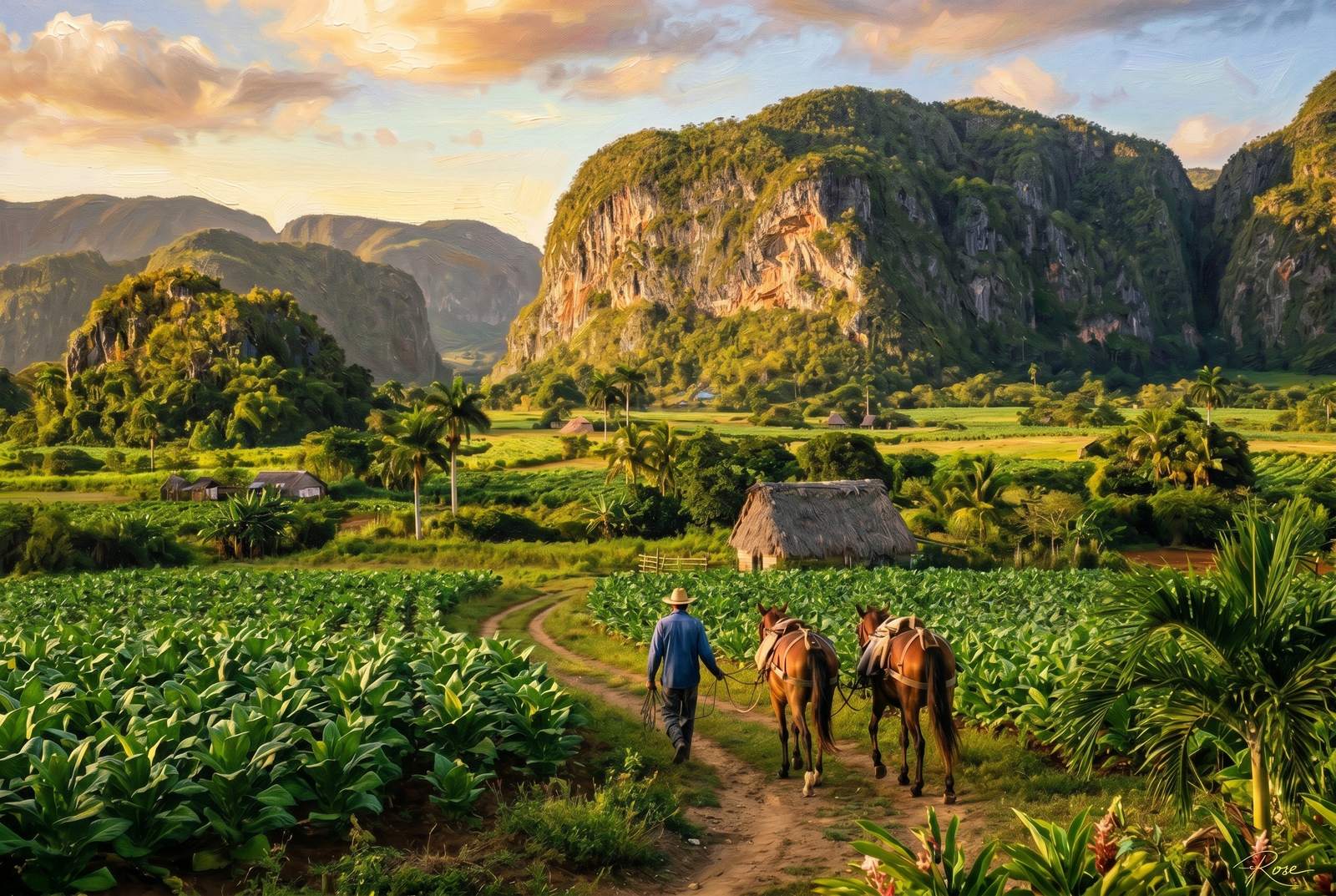 Oil painting of Viñales Valley with mogotes, palms, fields, and horse path in Cuba
