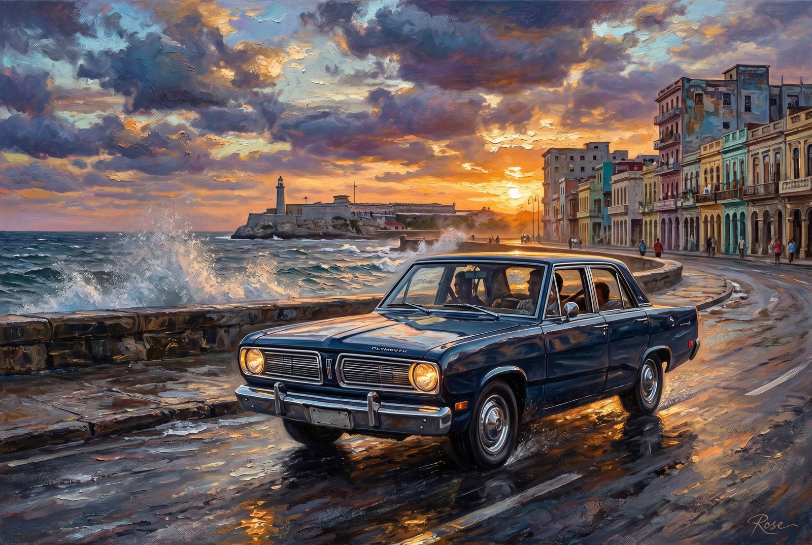 Oil painting of a vintage Plymouth Valiant driving along the Havana Malecon at sunset