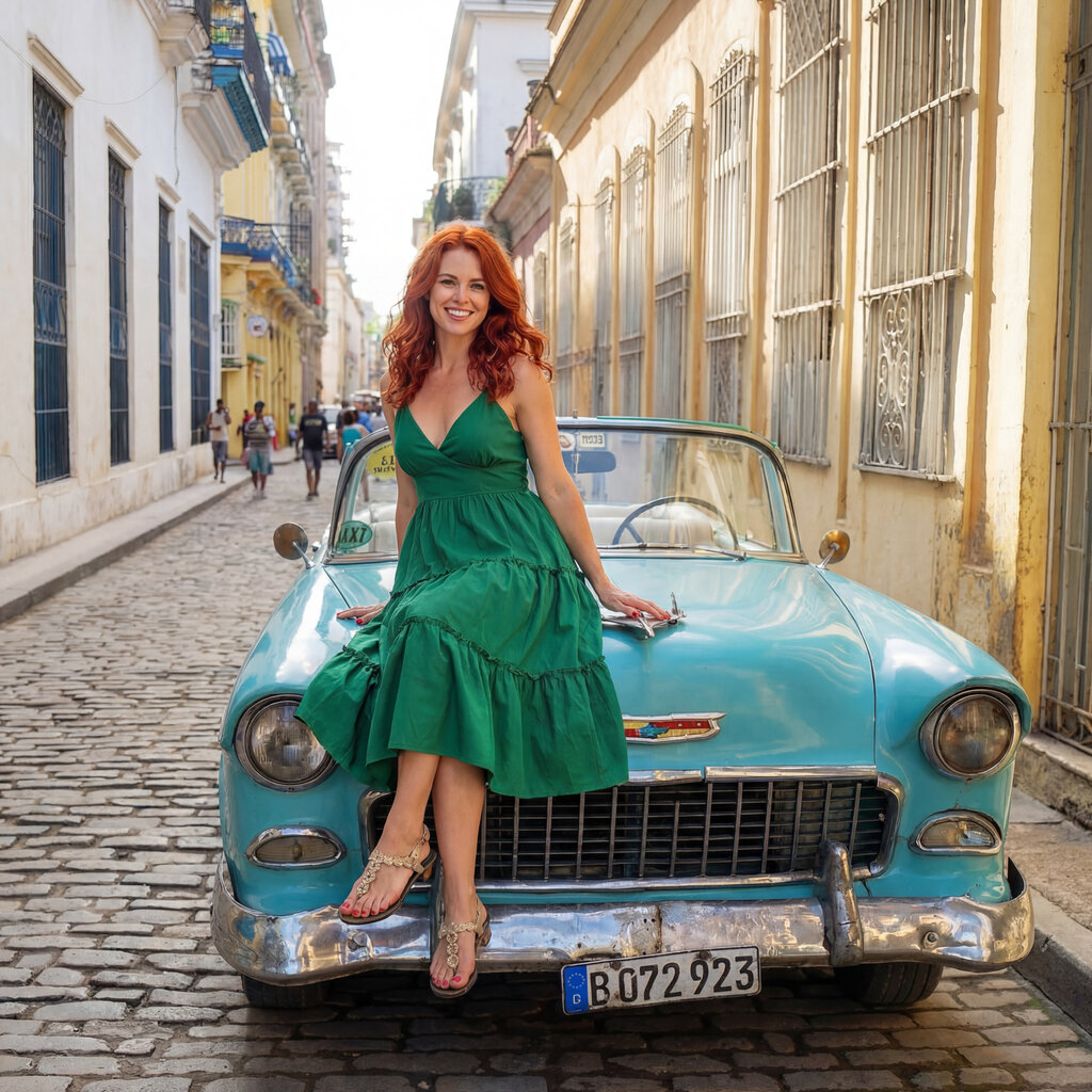 Rose sitting on a classic 1950s car in Old Havana