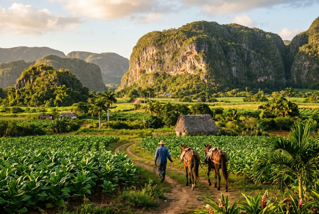 Tobacco fields and mogotes in Viñales Valley, Cuba