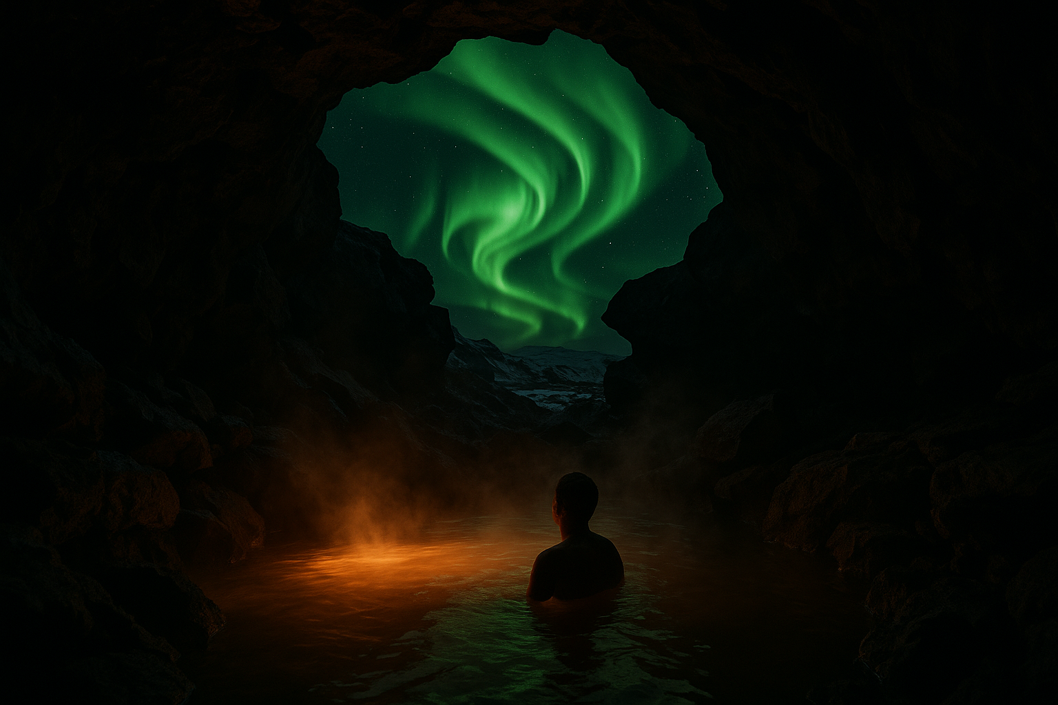 Aurora over Iceland lava cave