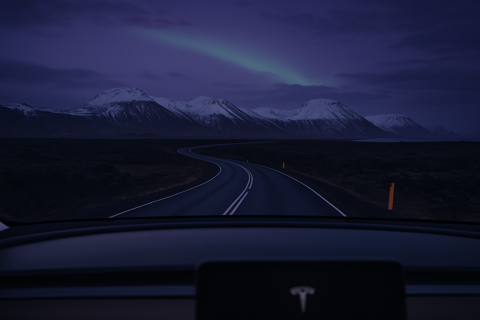 Driving through Icelandic volcanic landscape