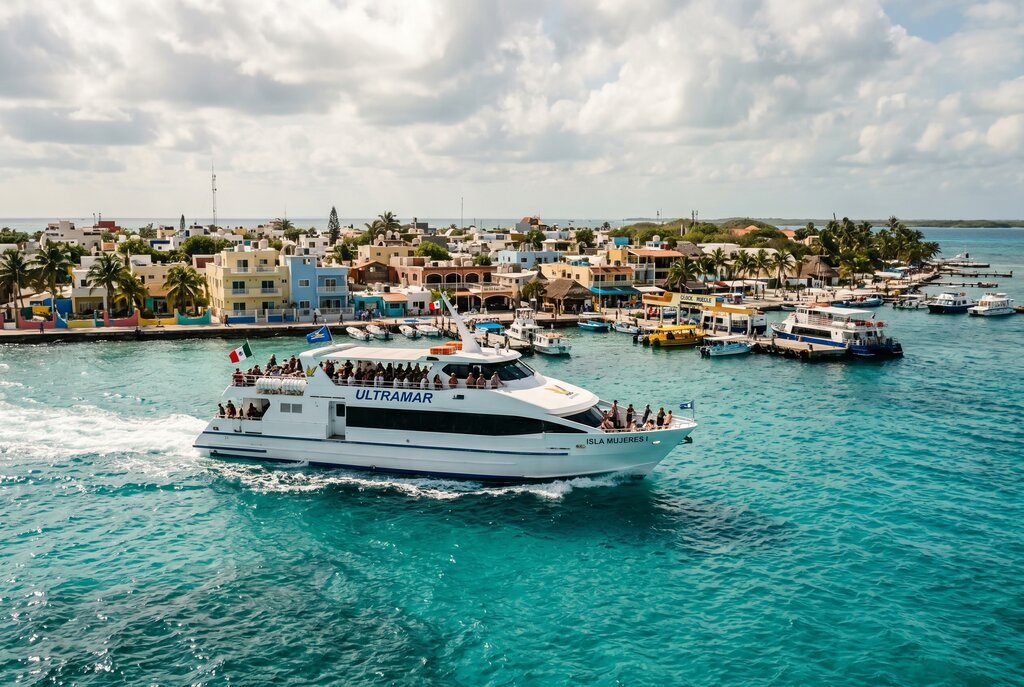 Ferry arriving at Isla Mujeres with bright turquoise water and low island town ahead