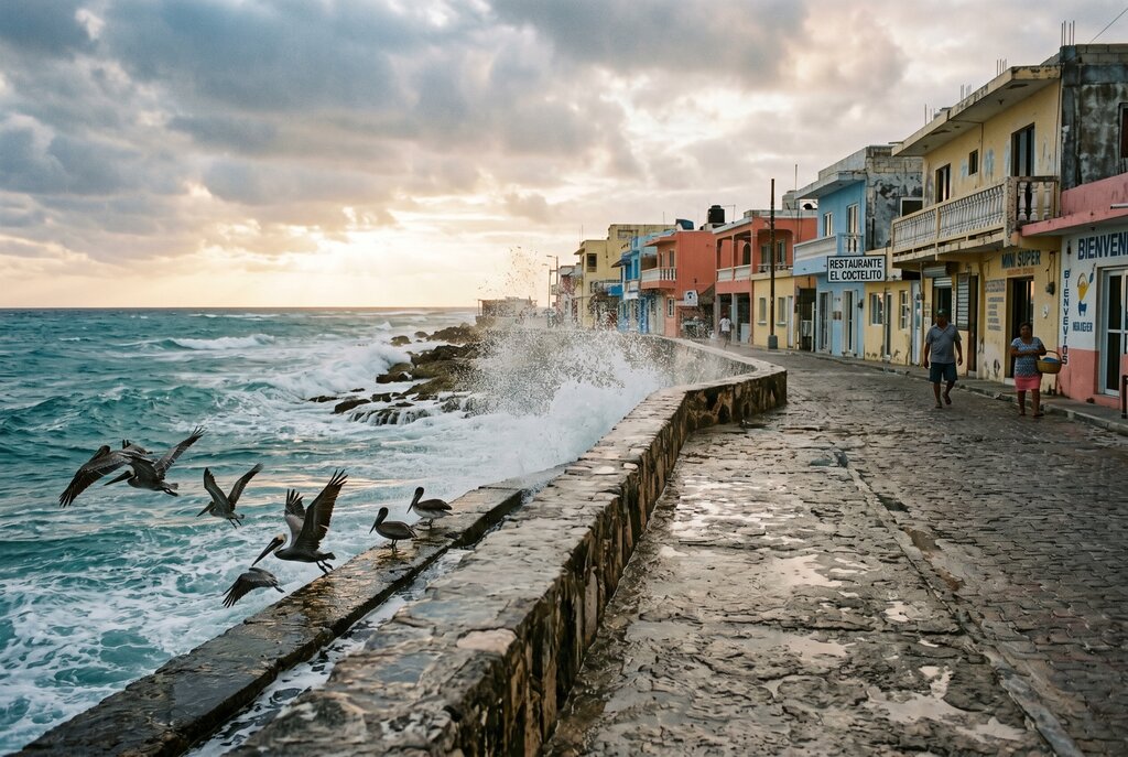 Seawall and Malecón scene on Isla Mujeres with waves, pastel buildings, and pelicans