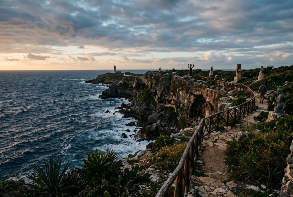 Punta Sur cliff path with deep blue water and dramatic coastline on Isla Mujeres