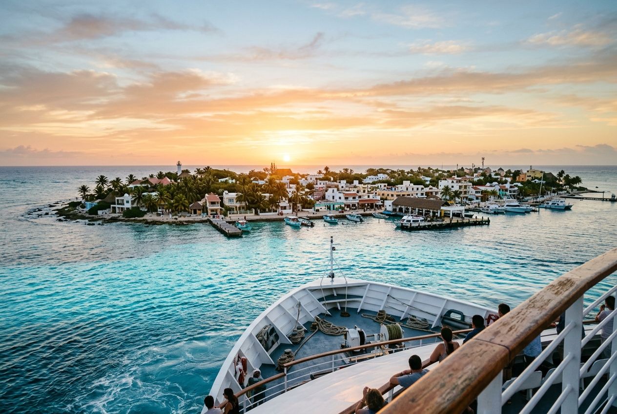Ferry approach toward Isla Mujeres with glowing turquoise water and low island skyline