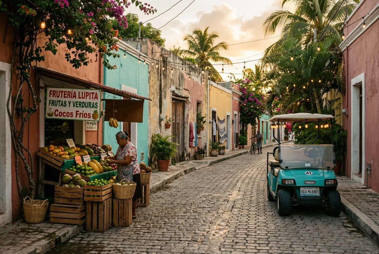 Pastel side street on Isla Mujeres with fruit stand and golf cart in warm late light