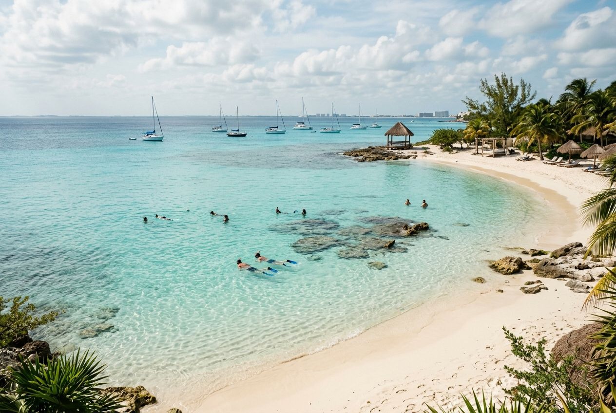 Sheltered turquoise cove on Isla Mujeres with white sand and boats in the distance