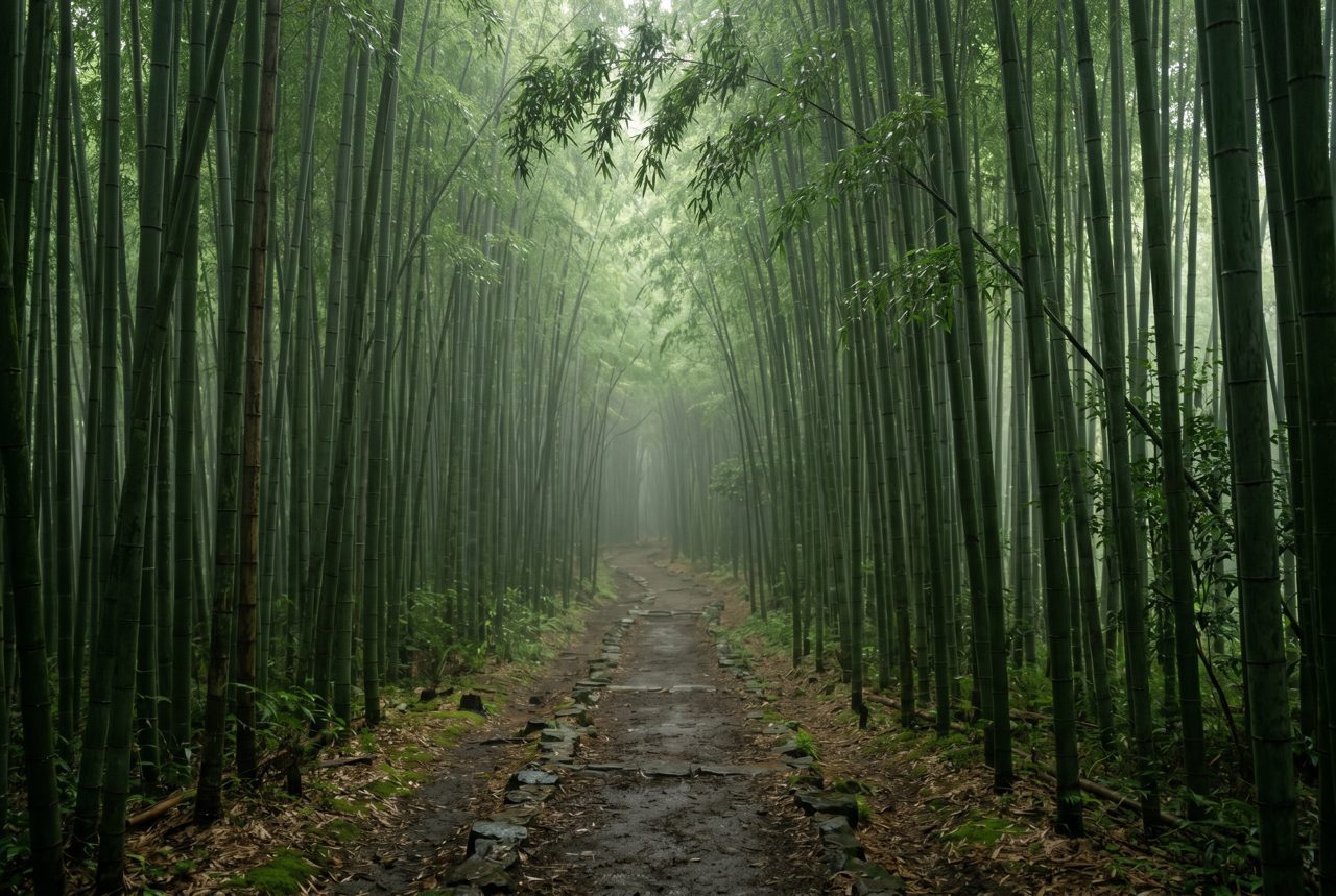 Quiet bamboo path in Kyoto away from tourists, morning mist filtering through canopy
