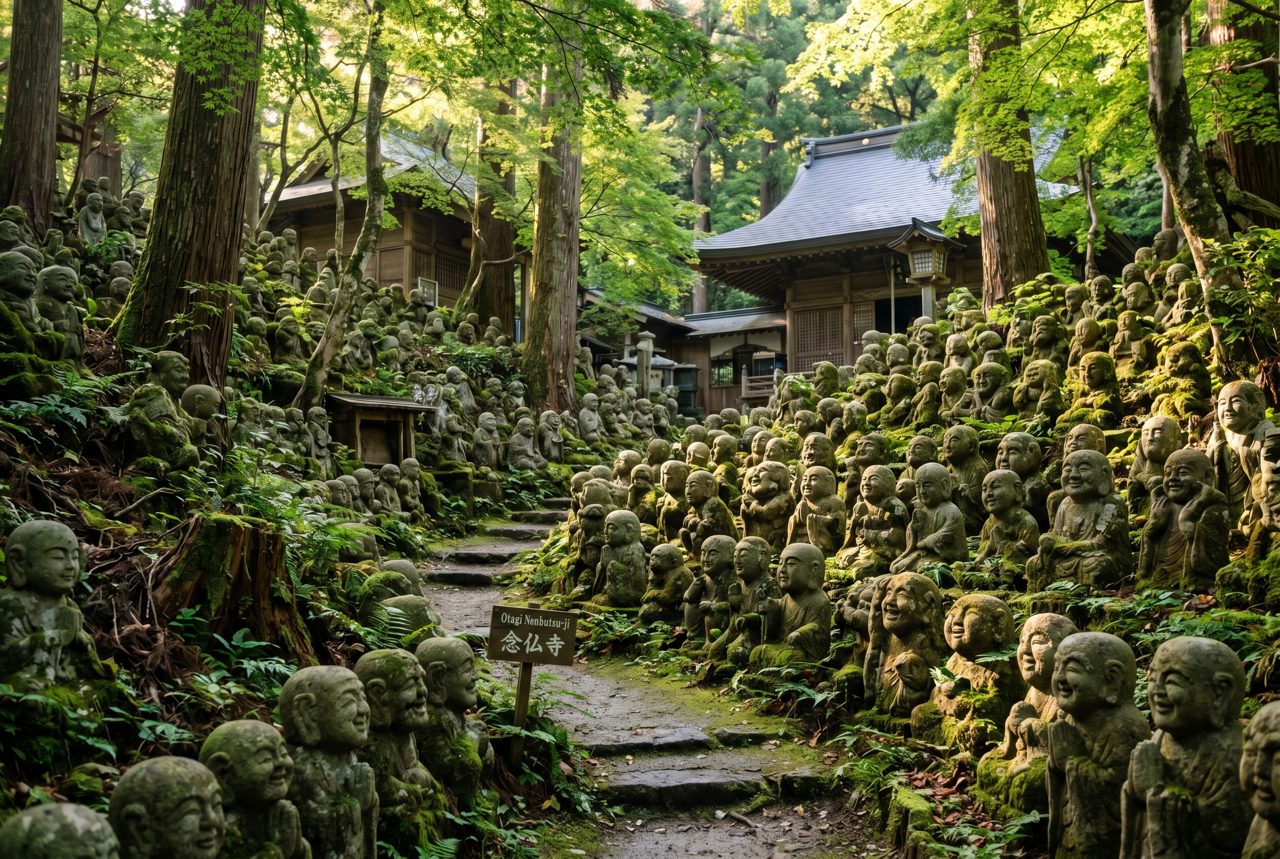 Otagi Nenbutsu-ji temple in Kyoto with moss-covered rakan stone statues among trees