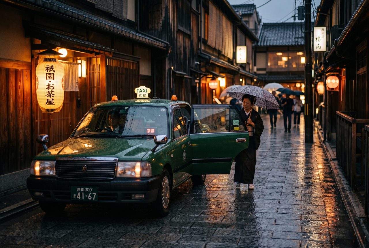 Japanese taxi waiting under a paper lantern in Gion district at night