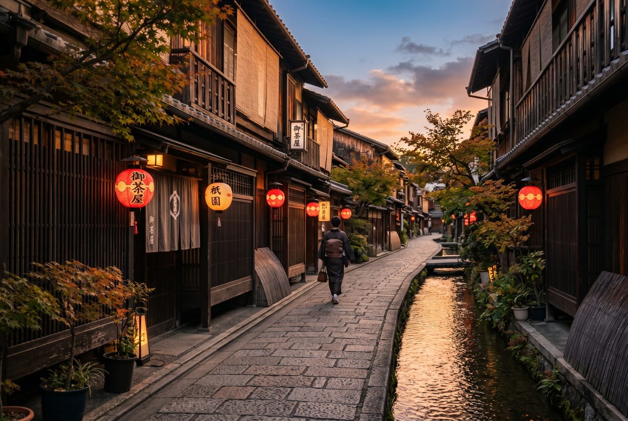 Quiet golden-hour street in Kyoto's Higashiyama district with traditional machiya houses and paper lanterns