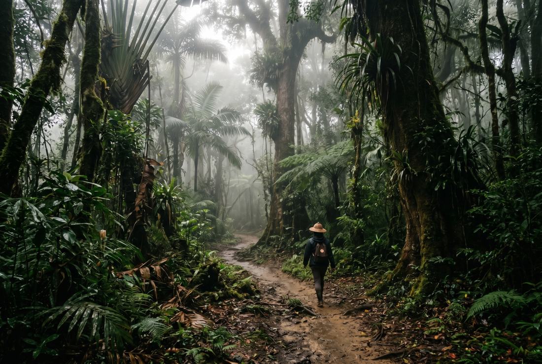 Misty rainforest path in Andasibe at dawn with towering trees and filtered light
