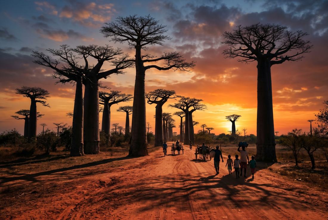 Avenue of the Baobabs at sunset in western Madagascar with towering silhouettes against orange sky