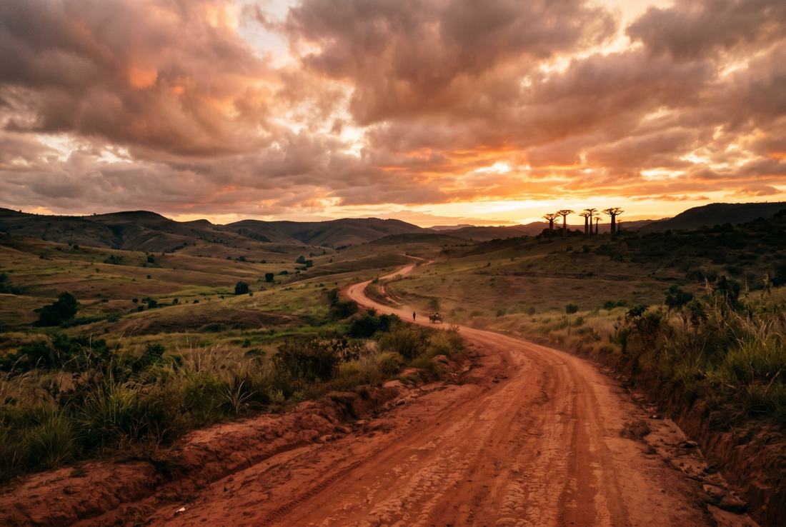 Red road and baobab silhouettes in Madagascar at sunset