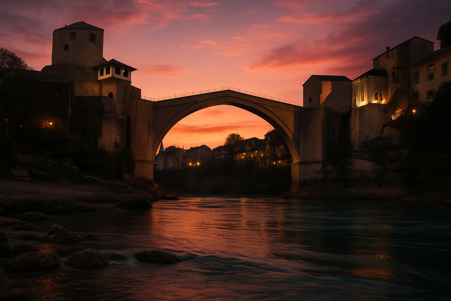 Stari Most at dusk from the Neretva river