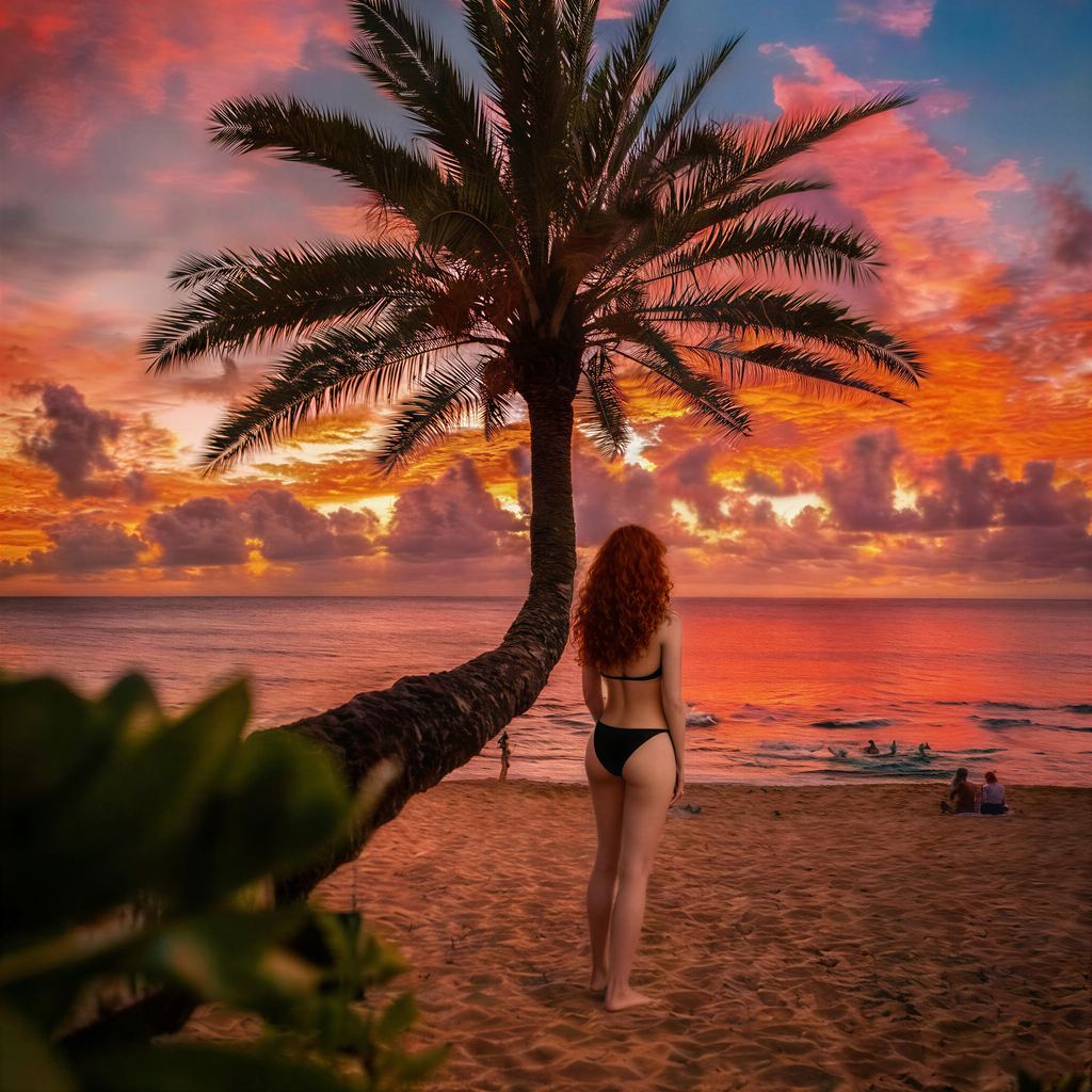 Rose at Sunset Beach on Oahu beside the famous leaning palm tree at sunset