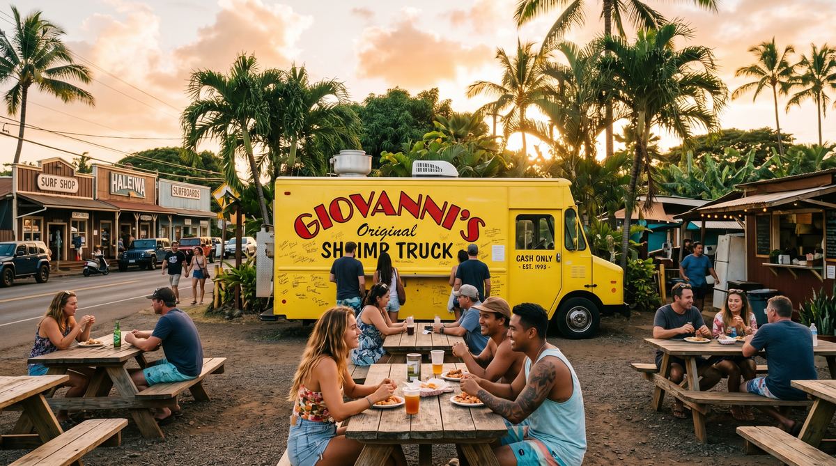 Haleiwa shrimp truck stop on Oahu's North Shore at golden hour