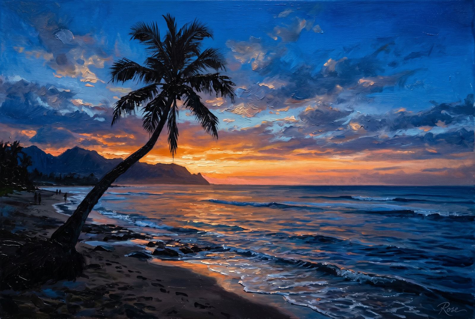 Oil painting of the leaning palm at blue hour on Oahu
